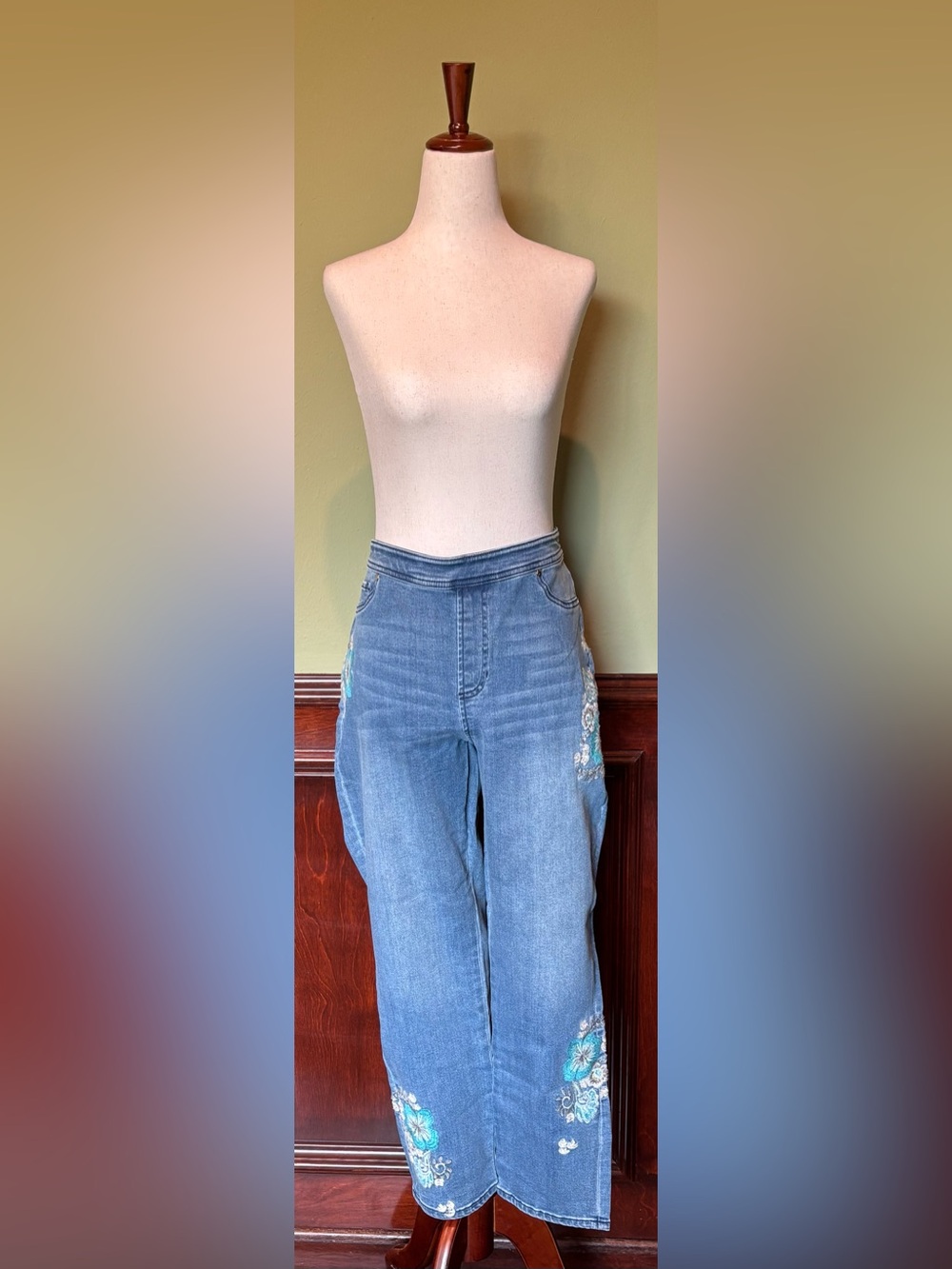 Chico's Blue Denim Embroidered Wide-Leg Jeans